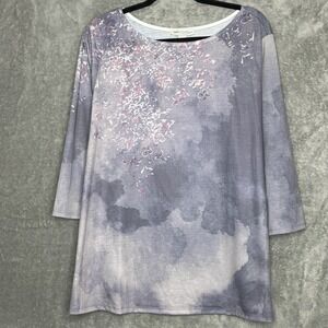 Coldwater Creek 1X Shirt Top Purple Abstract 3/4 Sleeve Round Neck Knit Womens